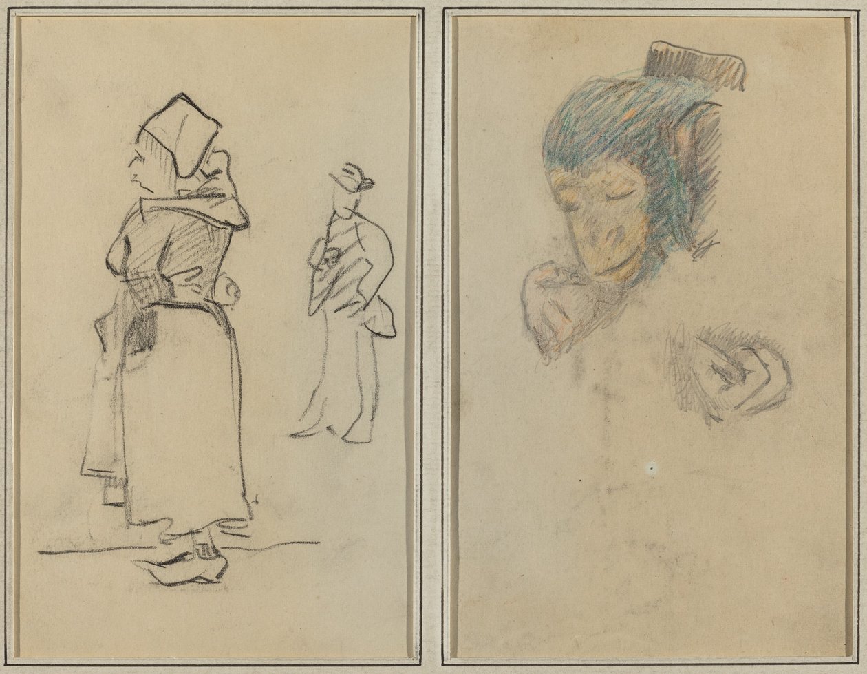 Bretonka i stojący mężczyzna; Głowa i ręka małpy [rekto] autorstwa Paul Gauguin