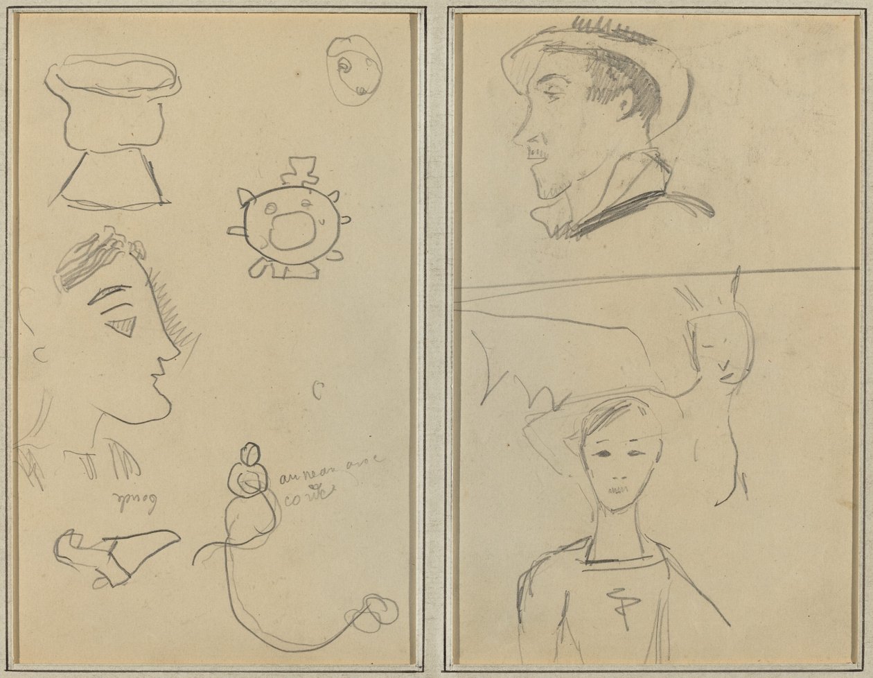 Karykatura i pięć form; Mężczyzna z profilu, skrzydlata istota i chłopiec [verso] autorstwa Paul Gauguin