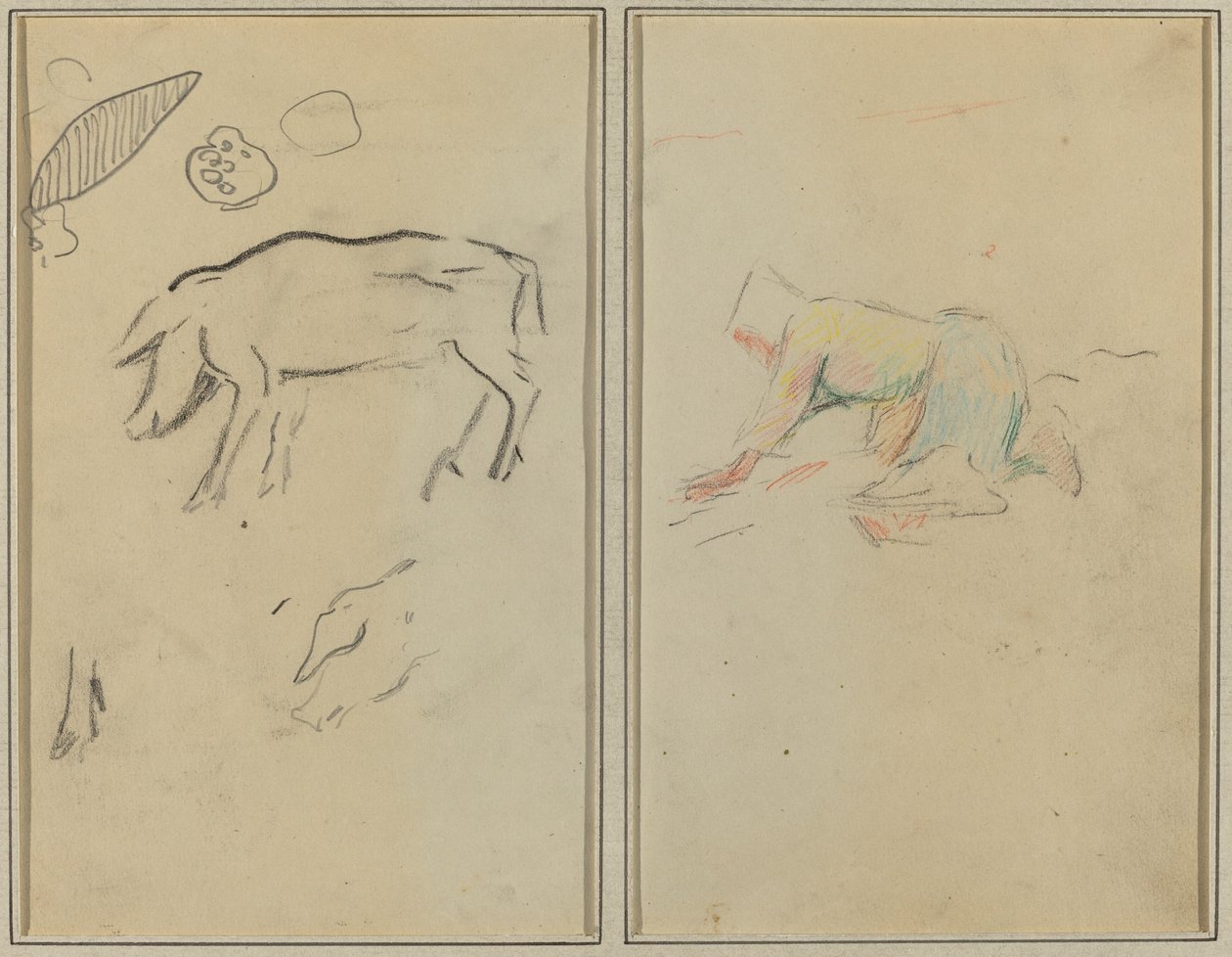 Świnia; Bretoński chłop klęczący [verso] autorstwa Paul Gauguin