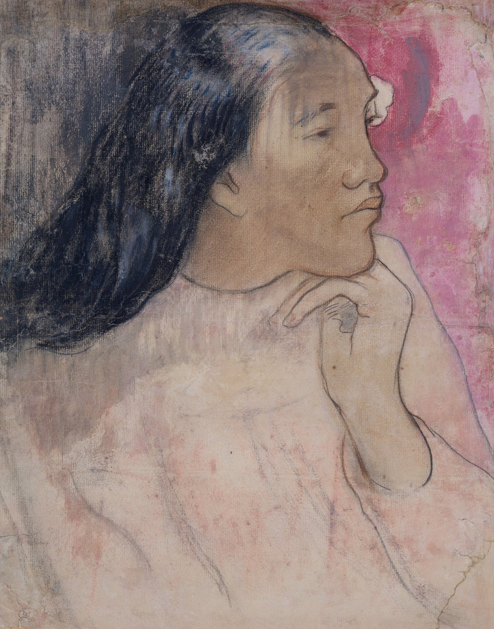 Tahitańska kobieta z kwiatem we włosach, 1891-92 (węgiel, pastel i pranie) autorstwa Paul Gauguin