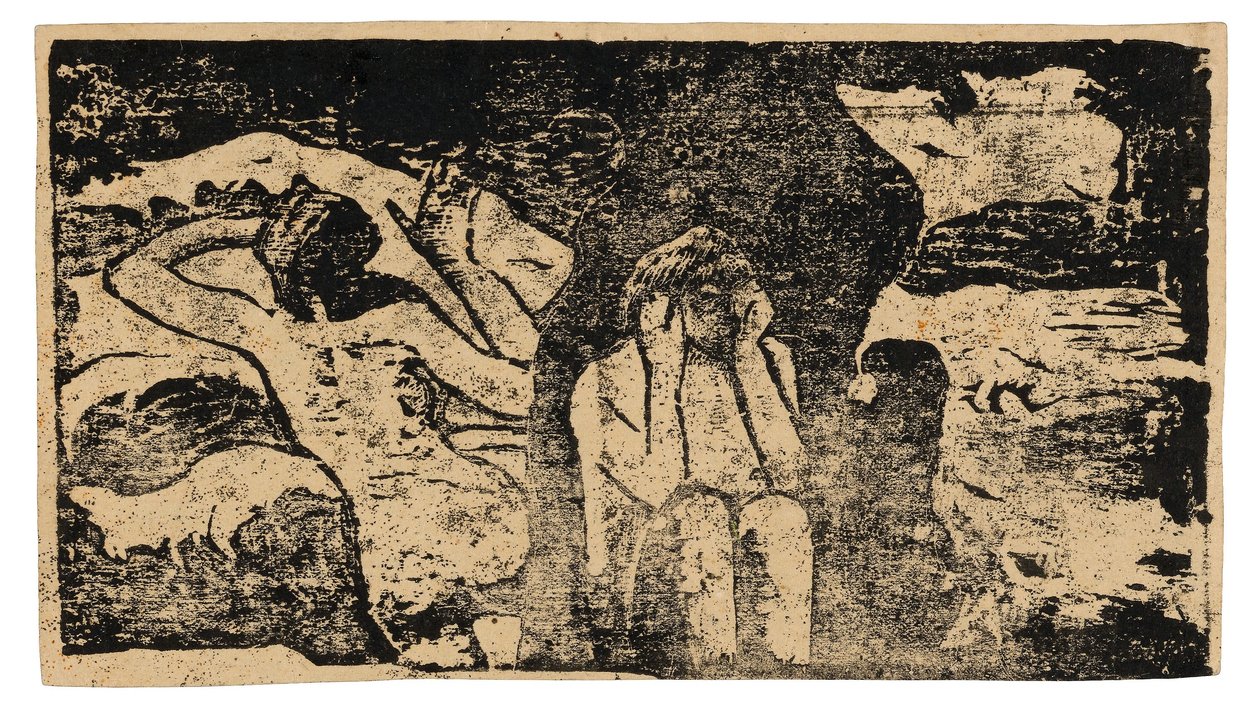 W Czarnych Skałach, ze zbioru późnych drzeworytów autorstwa Paul Gauguin