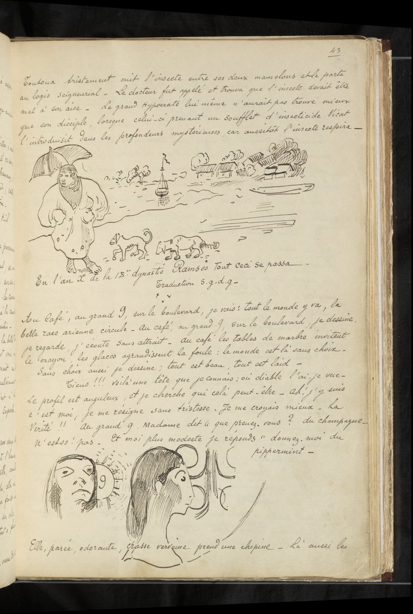 Avant et après - tekst i rysunki „le petit mignon” i jego psów w Cytherze oraz dwie głowy (autoportret?) w kawiarni autorstwa Paul Gauguin