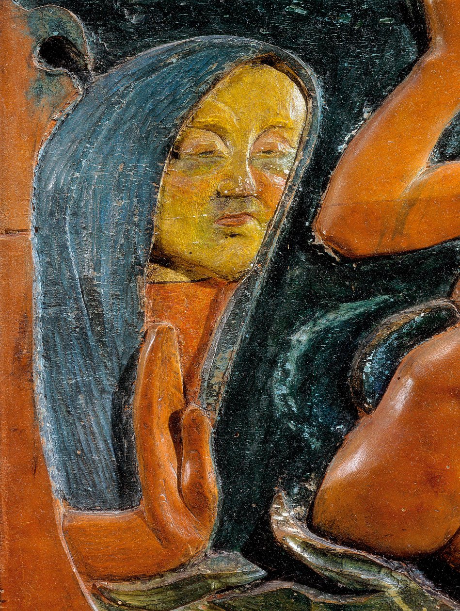 Bądź tajemniczy (szczegół) 1890 (drewniana polichromowana rzeźba) autorstwa Paul Gauguin