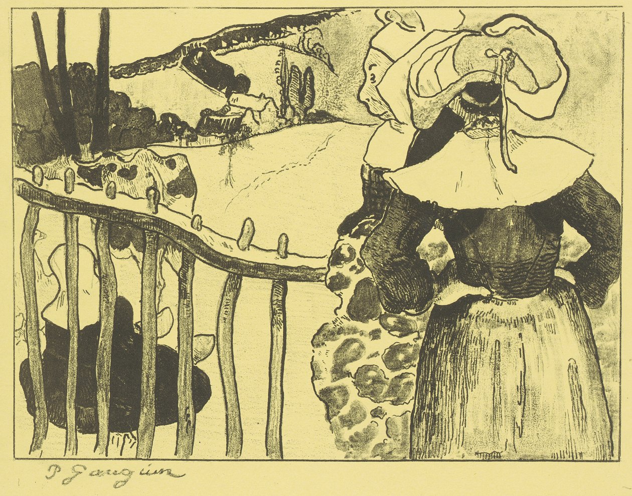 Bretonische Frauen neben einem Zaun autorstwa Paul Gauguin