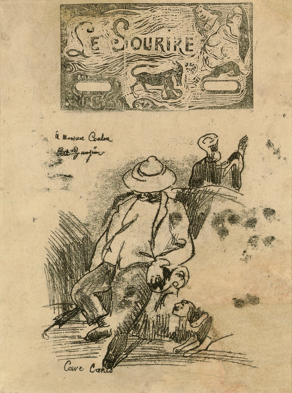 Cave Canis i Titre pour „Le Sourire” (Uważaj na psa i nakrycie głowy w „Le Sourire”) autorstwa Paul Gauguin