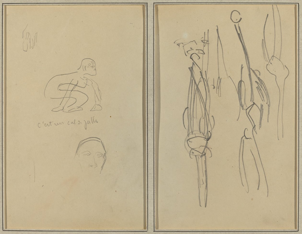 Przyczajona małpa i głowa mężczyzny; Kości i Mięśnie [verso] autorstwa Paul Gauguin