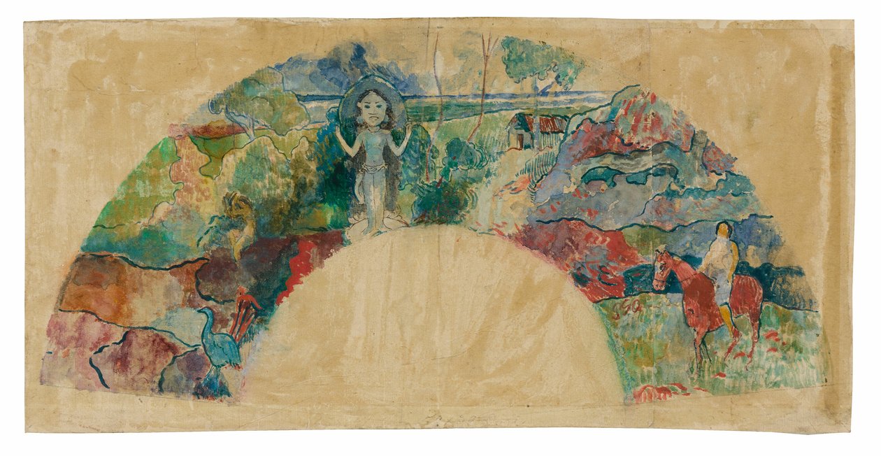 Projekt wentylatora z krajobrazem i posągiem bogini Hina autorstwa Paul Gauguin