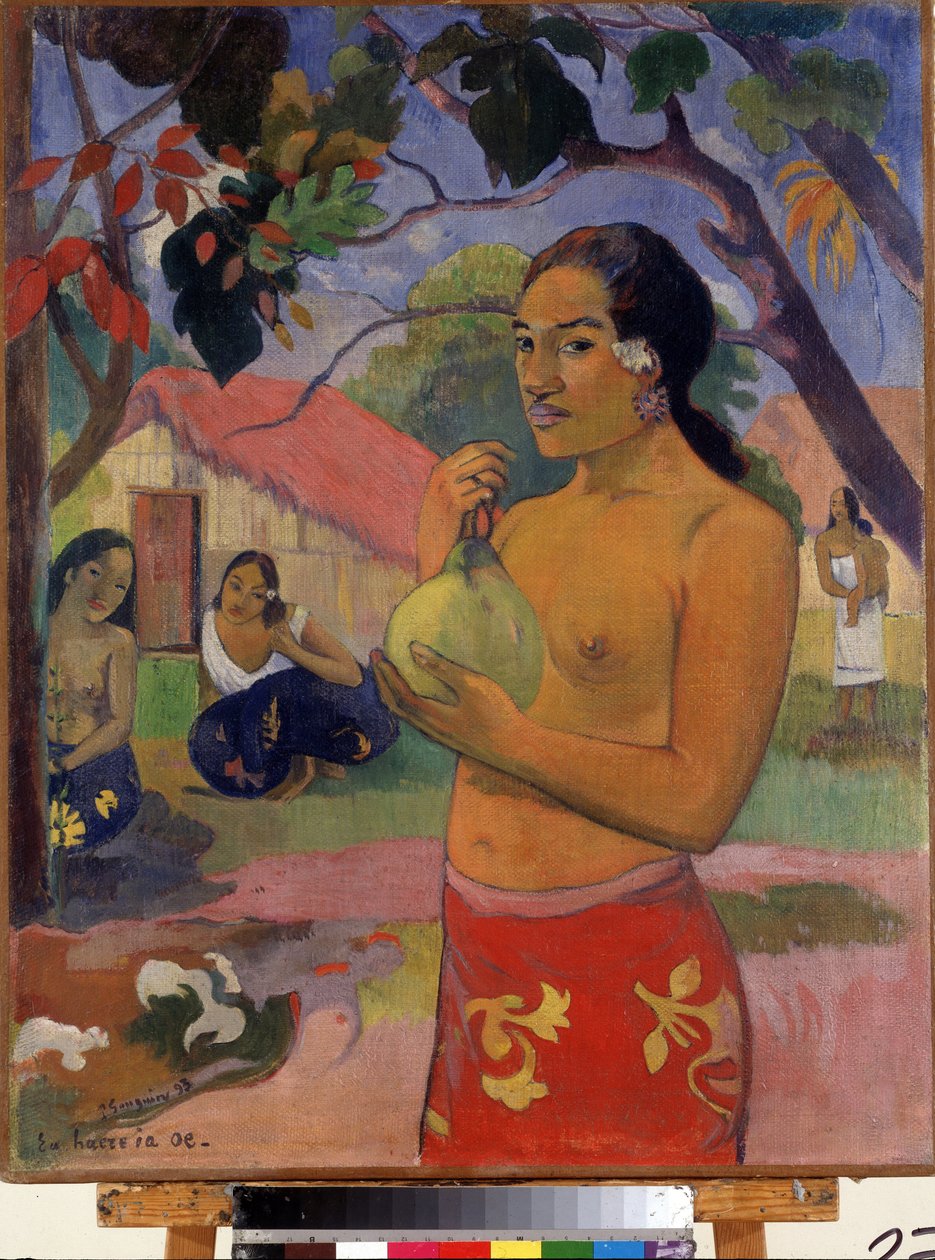 ""Eu haere ia oe"" Dokąd idziesz? (Kobieta trzymająca owoc. Dokąd idziesz?) (Tahitanka trzymająca owoc) Obraz Paula Gauguina (1848-1903). Olej na płótnie. Postimpresjonizm. 1893. Wymiary 92 x 73 cm Ermitaż, Sankt Petersburg (Saint-Petersb autorstwa Paul Gauguin