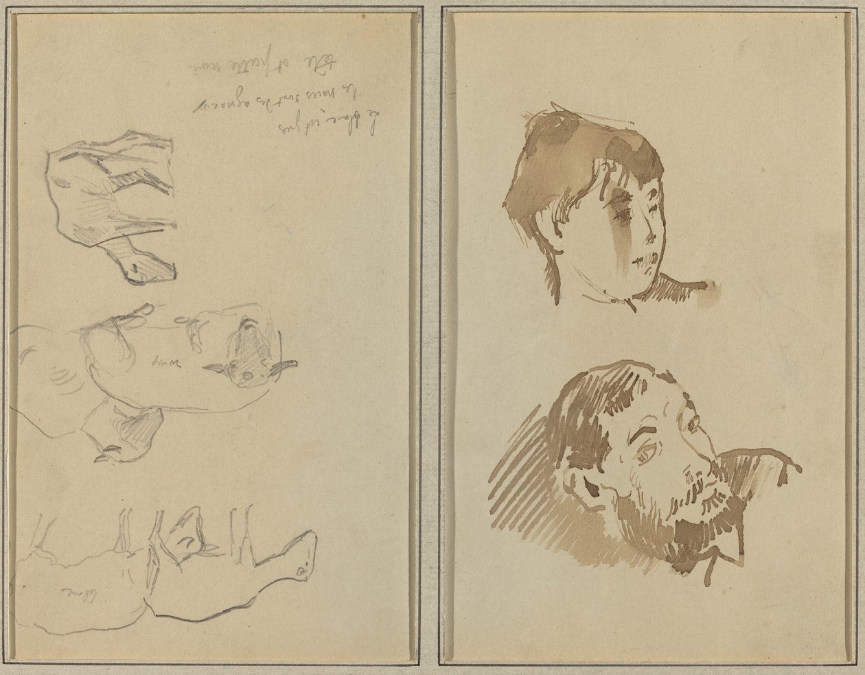 Pięć owiec; Głowa kobiety i głowa brodatego mężczyzny [recto] autorstwa Paul Gauguin