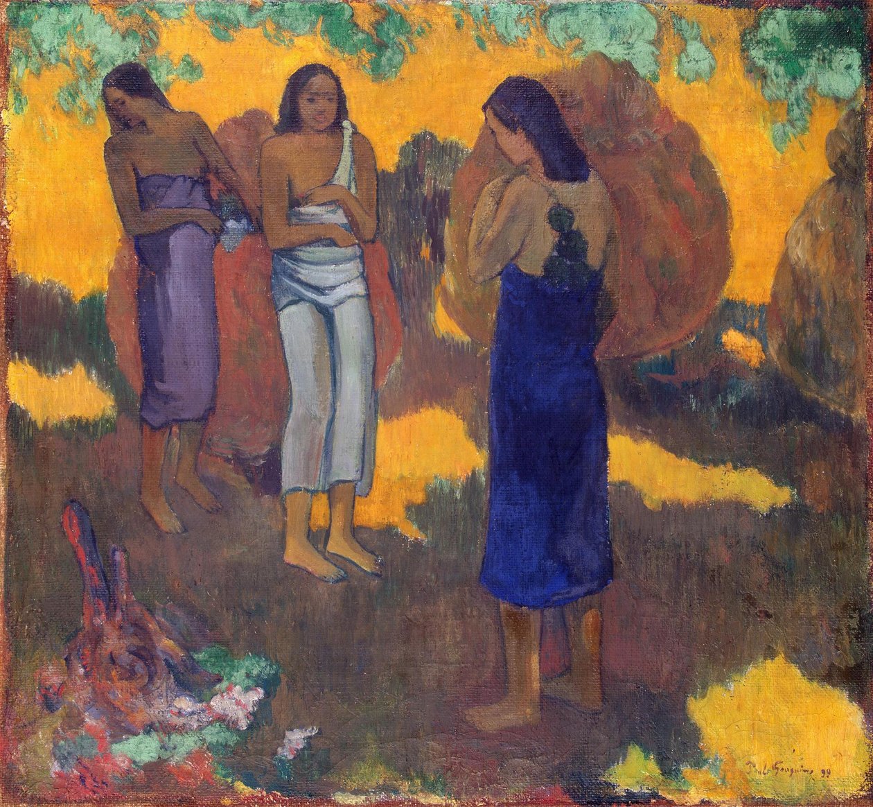 Francuski:  Trois Tahitiennes sur fond jaune Trzy tahitańskie kobiety na żółtym tle autorstwa Paul Gauguin