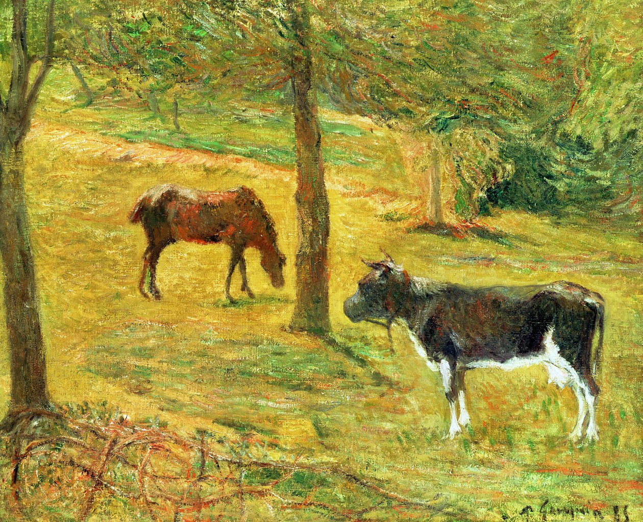 Koń i krowa na łące, 1885 autorstwa Paul Gauguin
