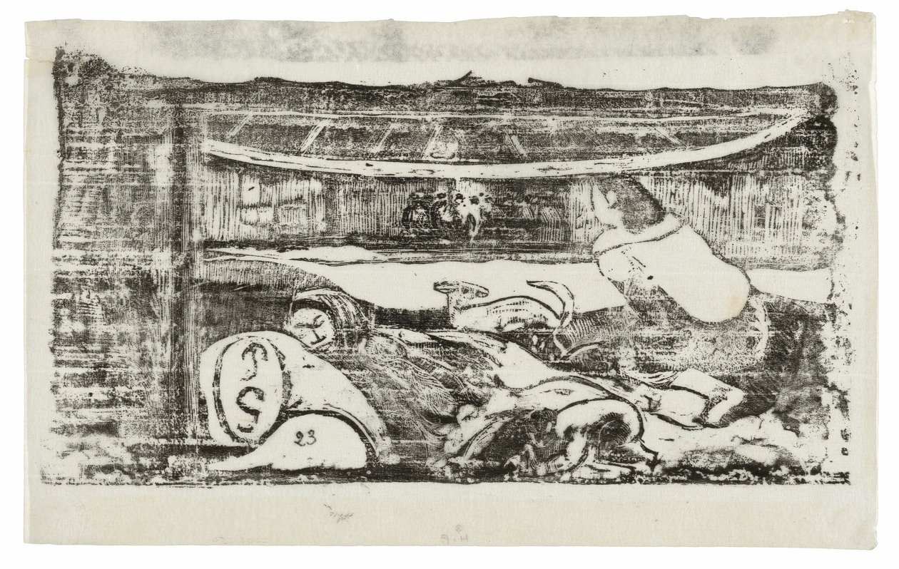 Wnętrze chaty tahitańskiej, z zestawu późnych rycin drewnianych autorstwa Paul Gauguin