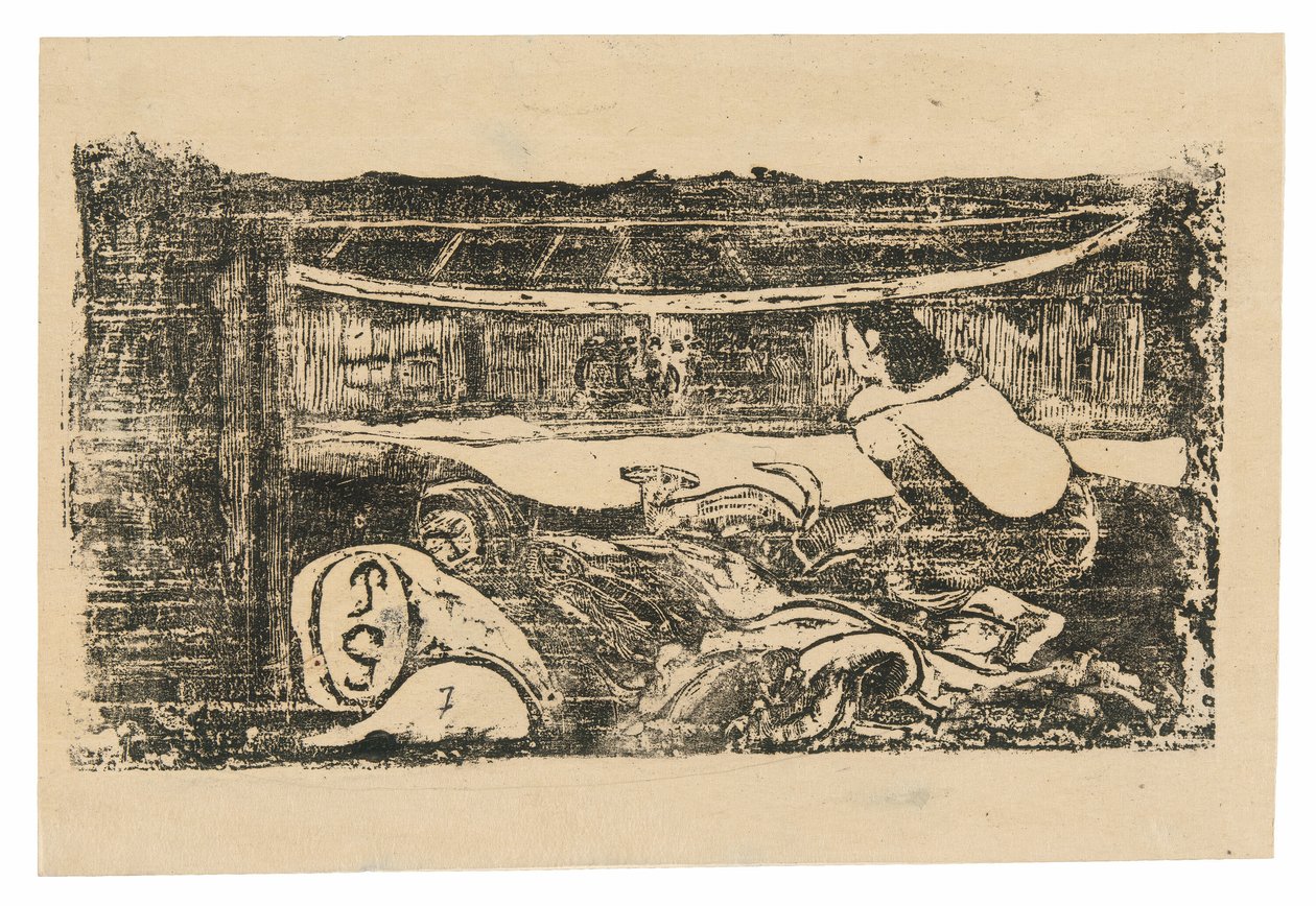 Wnętrze chaty tahitańskiej, z zestawu późnych rycin drewnianych autorstwa Paul Gauguin
