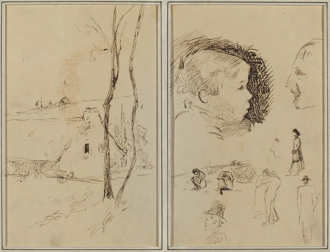 Krajobraz z chatą; Profil chłopca, Profil mężczyzny, Dwie kobiety w krajobrazie i pięć innych badań [verso] autorstwa Paul Gauguin