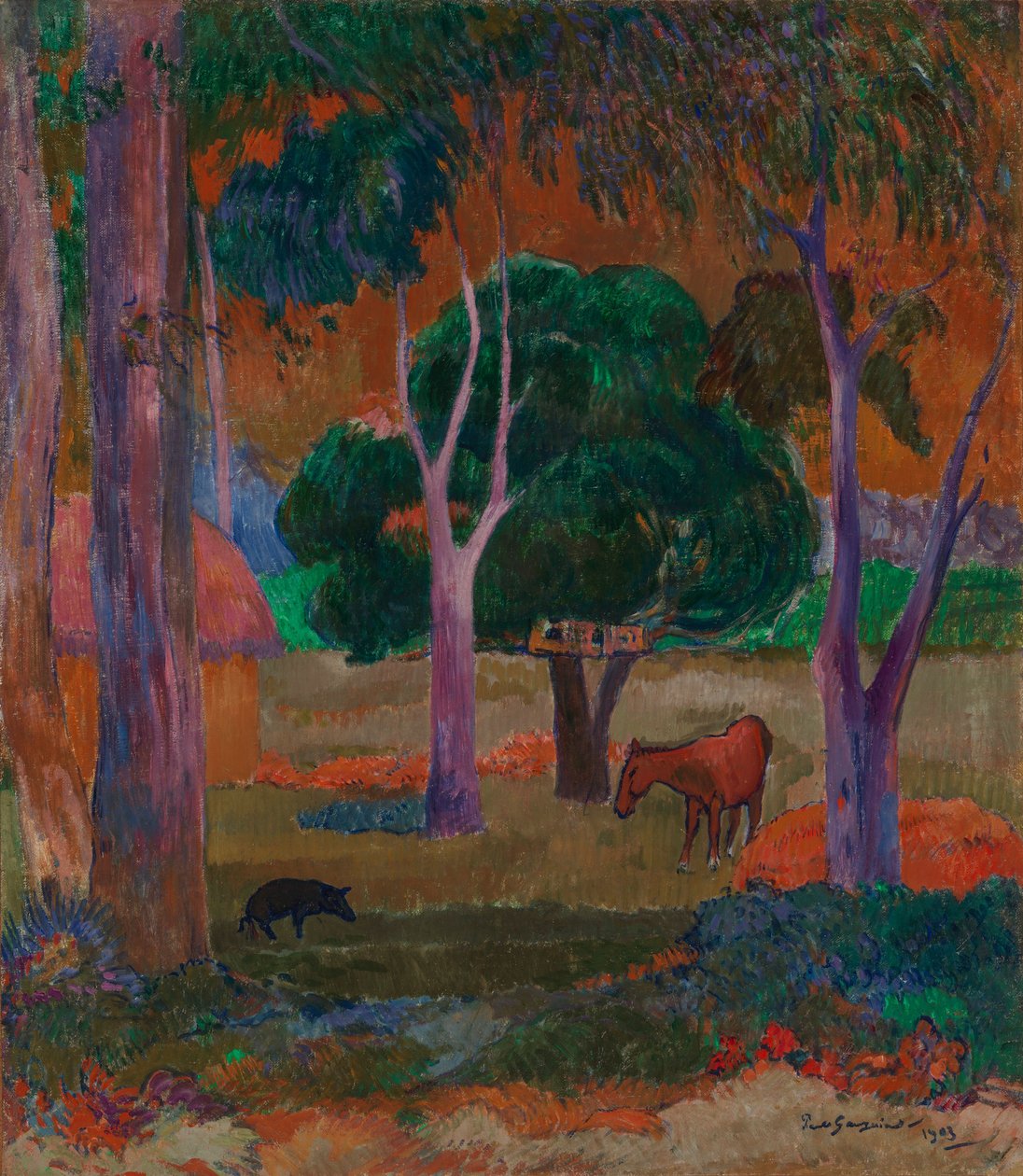 Pejzaż ze świnią i koniem (Hiva Oa) autorstwa Paul Gauguin
