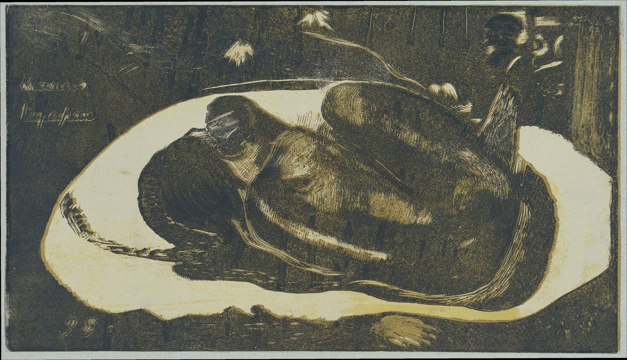 Leżąca dziewczyna bojąca się duchów zmarłych Oglądane przez duchy zmarłych Tupapau Mauao (tytuł na obiekcie) autorstwa Paul Gauguin