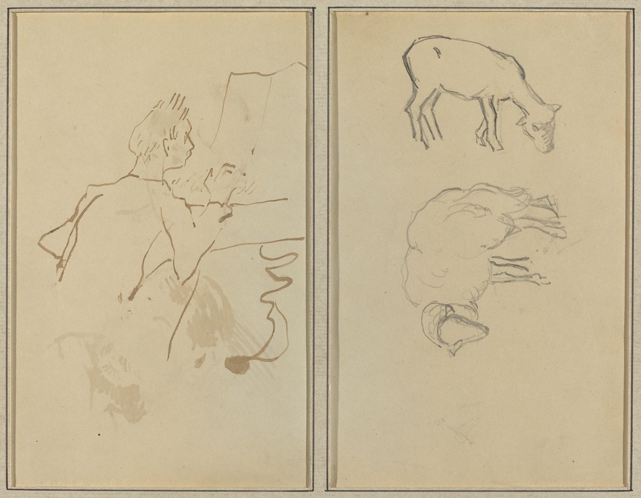Człowiek grający na pianinie; Dwie owce [verso] autorstwa Paul Gauguin