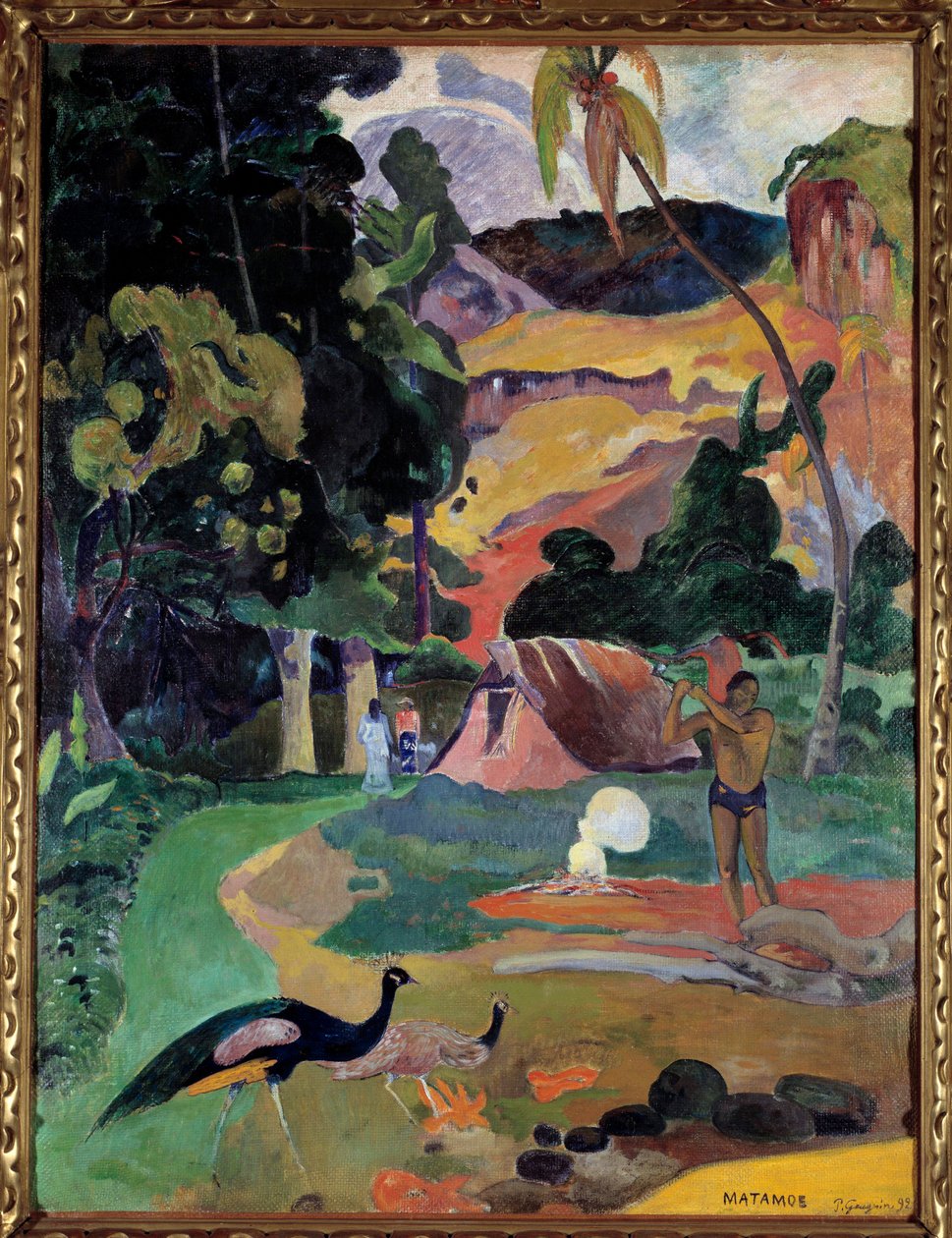 Matamoe lub krajobraz z pawiami Widok krajobrazu na Tahiti. Obraz Paula Gauguina (1848-1903) autorstwa Paul Gauguin