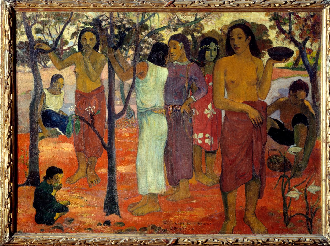 Nawa nawy mahana (Pyszne Dni). Tahitańskie kobiety w ogrodzie. Obraz Paula Gauguina (1848-1903) 1896 Nd. 0,94 x 1,3 m Lyon, musee des Beaux Arts - Nave Nave Mahana znana również jako „Pyszny Dzień”. Grupa tahitańskich kobiet w ogrodzie. Malowanie przez Pa autorstwa Paul Gauguin