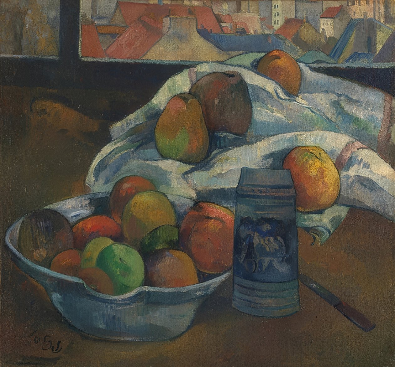 Miska na owoce i dzbanek przed oknem. prawdopodobnie 1890 autorstwa Paul Gauguin