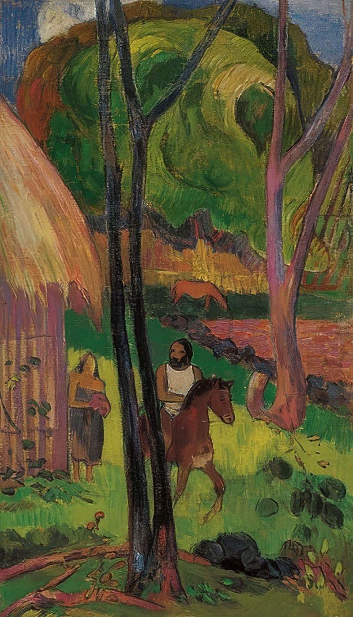 Jeździec przed chatą (Cavalier devant la case). 1902 autorstwa Paul Gauguin