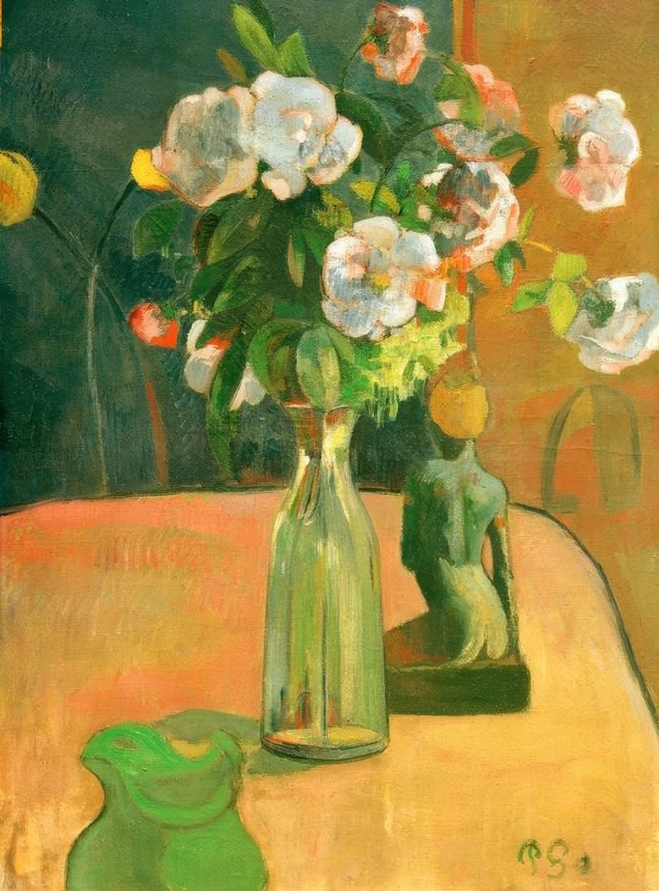 Róże i statuetka autorstwa Paul Gauguin