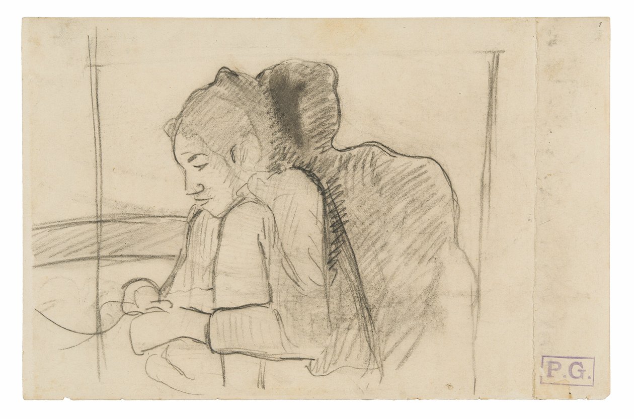 Siedząca Tahitanka (recto), Szkice kogutów i kurczaków (verso) autorstwa Paul Gauguin