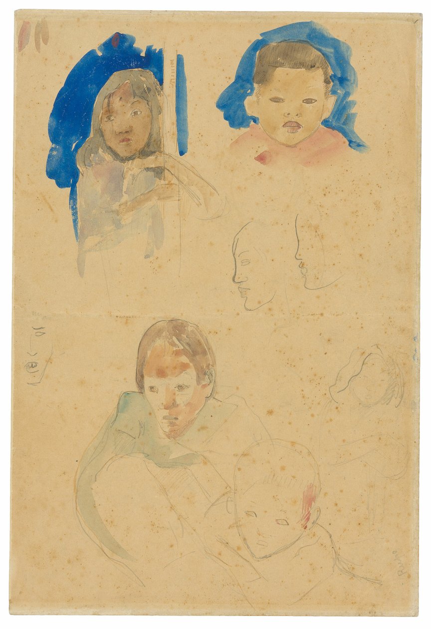 Szkice dzieci, kobiety i profili (recto), szkice koni i dziecka (verso) autorstwa Paul Gauguin