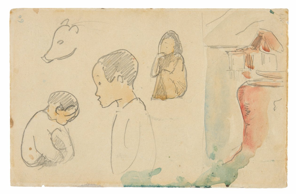Szkice kucających i stojących postaci, świni i chaty nad wodą autorstwa Paul Gauguin