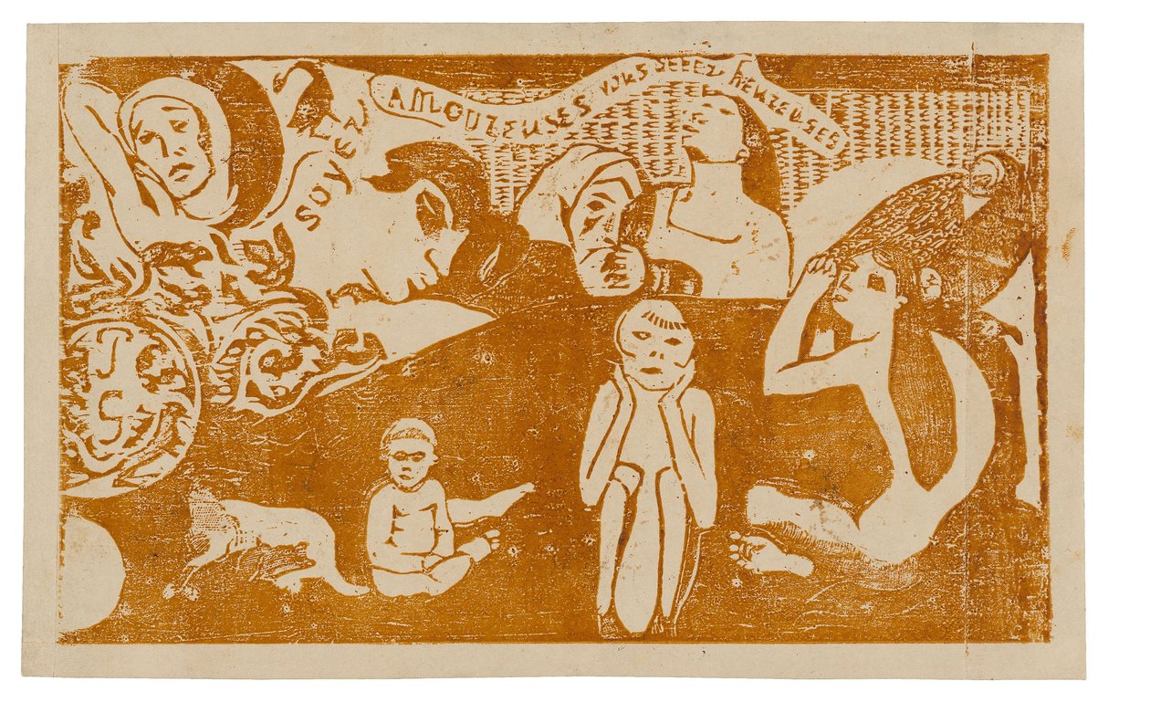 Kochaj, a będziesz szczęśliwy, z pakietu późnych drzeworytów autorstwa Paul Gauguin