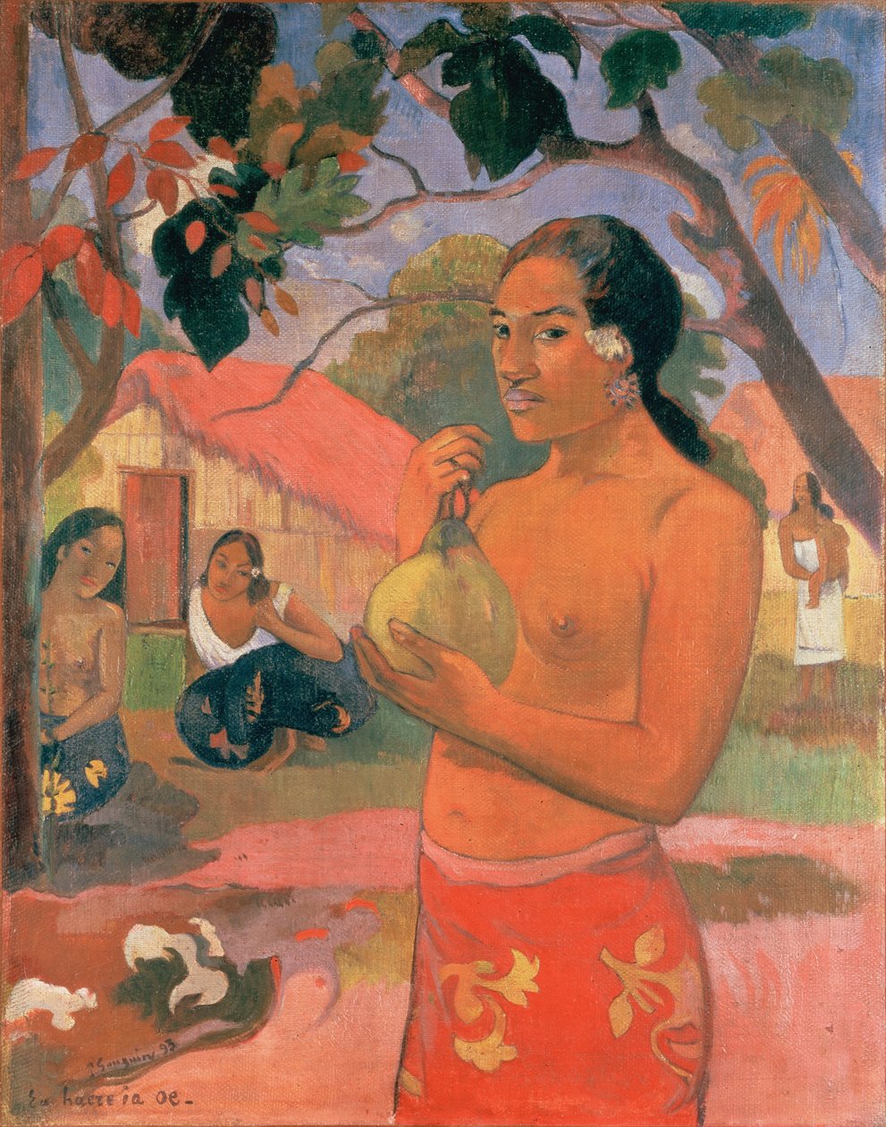 Tahitański:  Ea haere ia oe (A haere ia oe) Where Are You Going, czyli Kobieta trzymająca owoc autorstwa Paul Gauguin