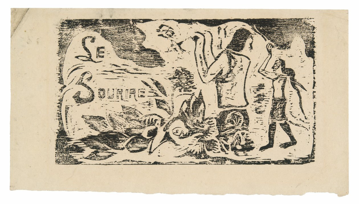 Tahitańczycy, kwiaty i liście, nakrycie głowy dla Le sourire autorstwa Paul Gauguin