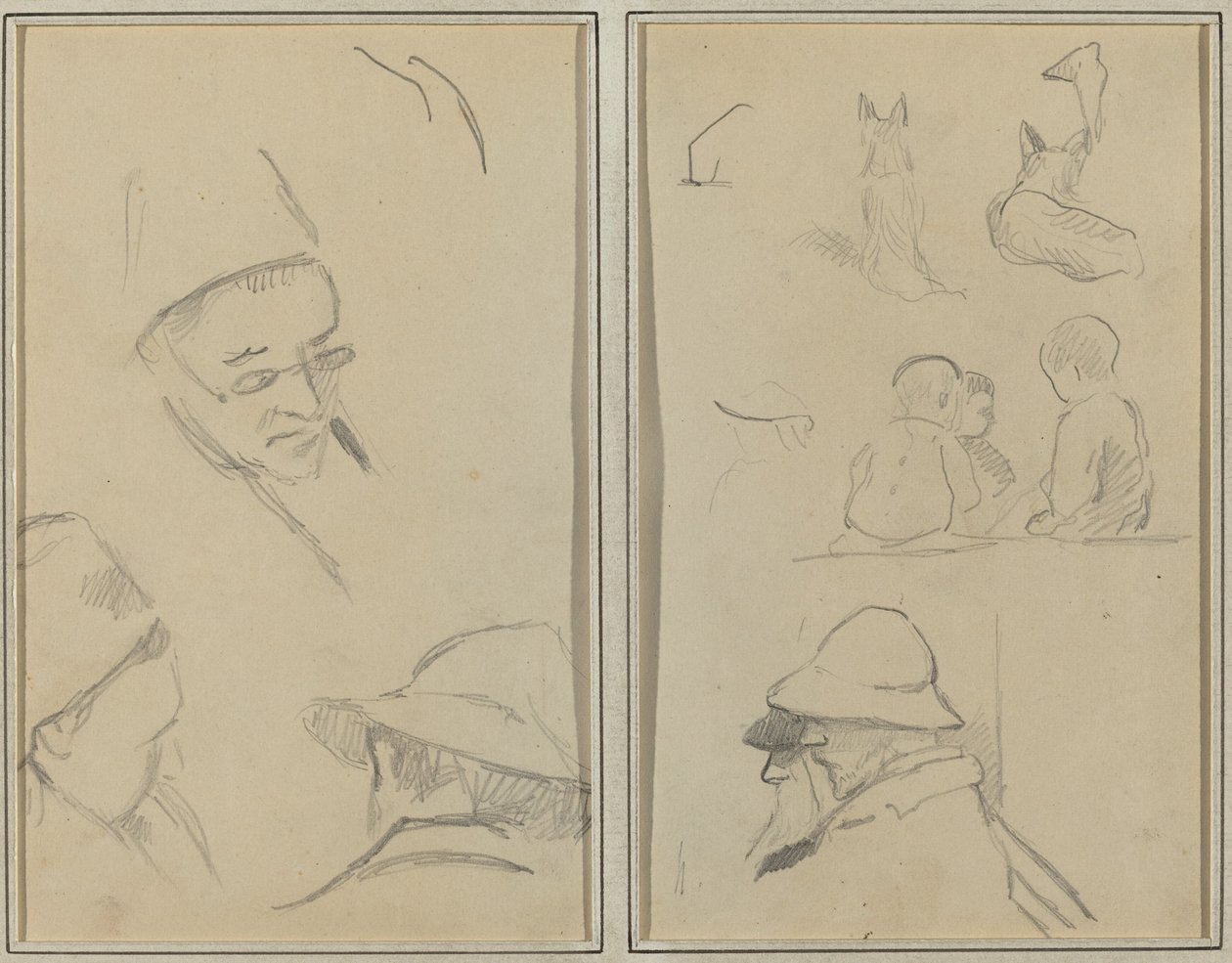 Trzy studia męskich głów, jedno z okularami; Psy, dzieci i dwóch brodatych mężczyzn w profilu [verso] autorstwa Paul Gauguin