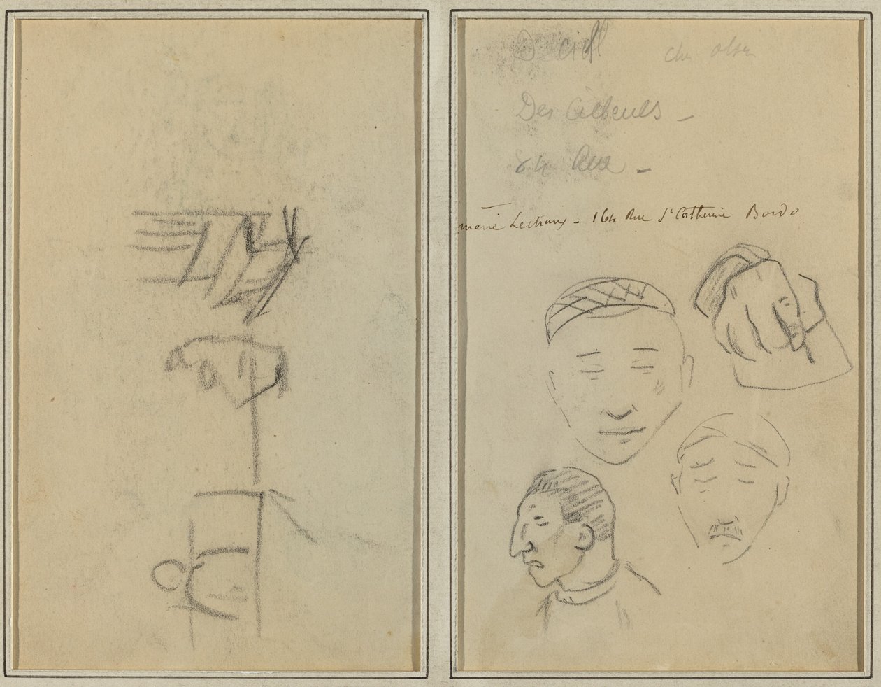 Dwie postacie i ławka; Trzy studia męskiej głowy i jedna ręka [recto] autorstwa Paul Gauguin