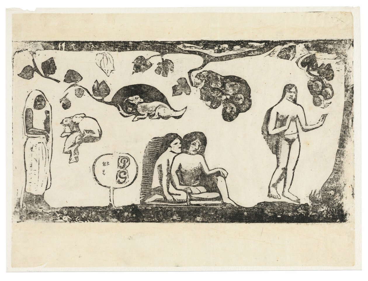 Kobiety, zwierzęta i liście z zestawu późnych rycin drewnianych autorstwa Paul Gauguin