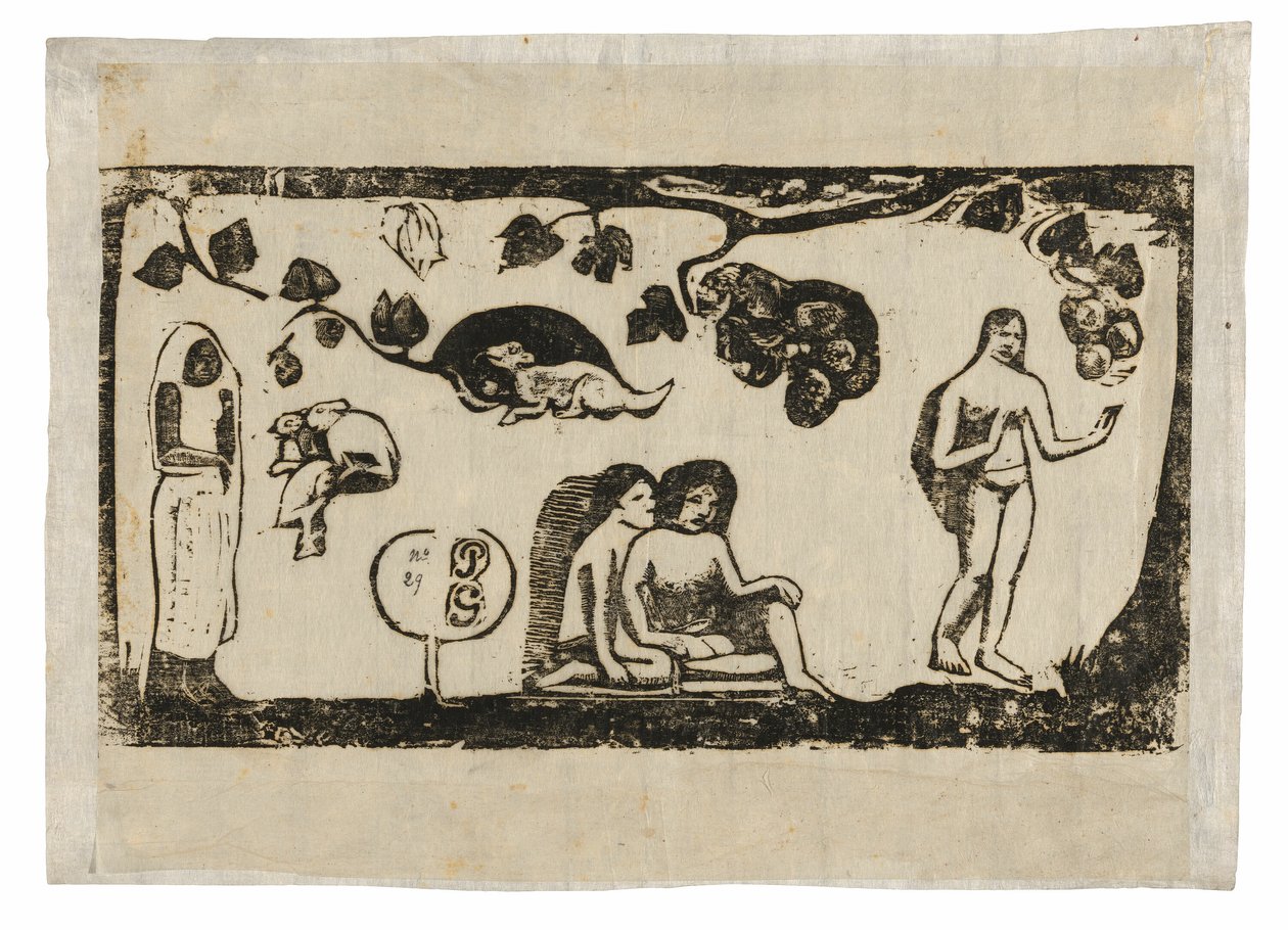 Kobiety, zwierzęta i liście z serii późnych drzeworytów autorstwa Paul Gauguin