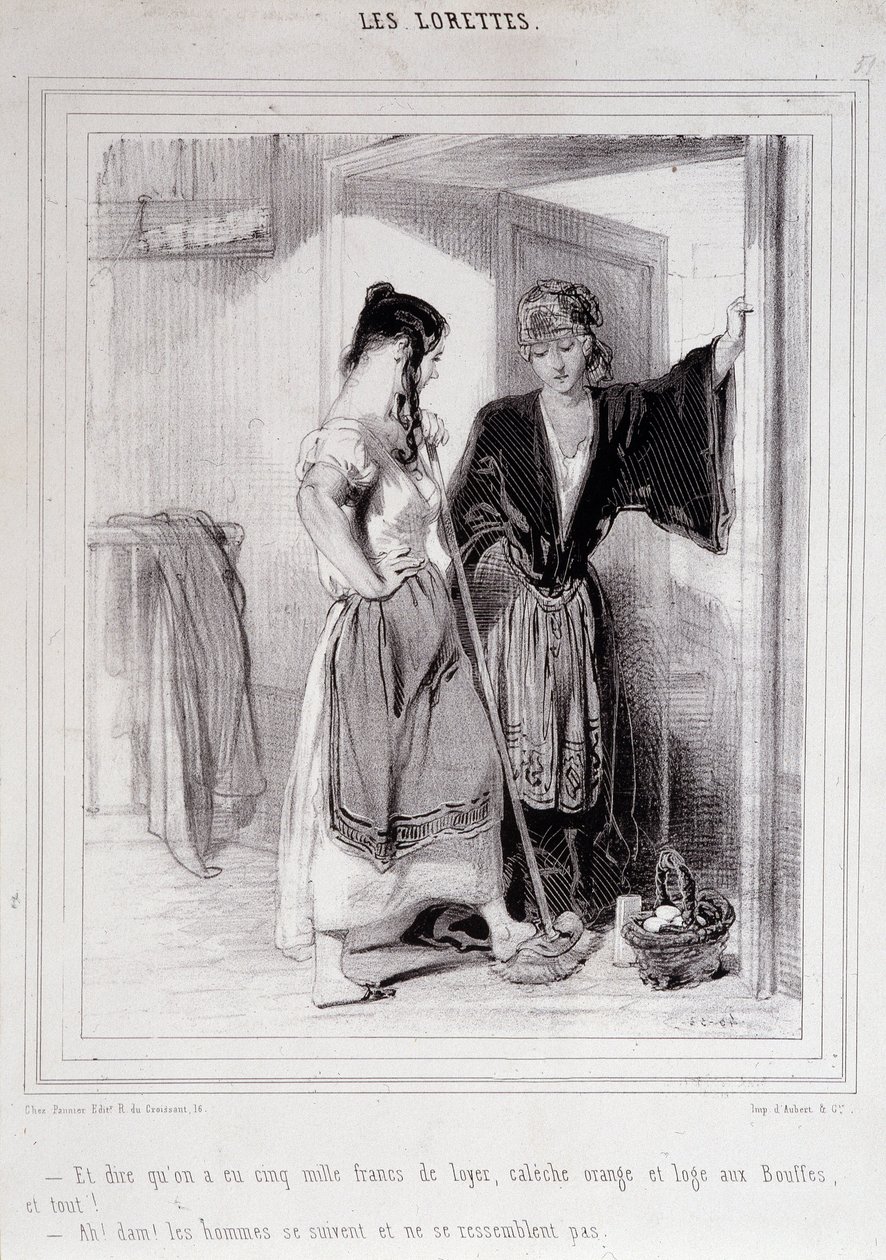 2 biedne kobiety w rozmowie na schodach o mężczyznach, „Les Lorettes””, Gavarni, ok. 1930. 1840. autorstwa Paul Gavarni