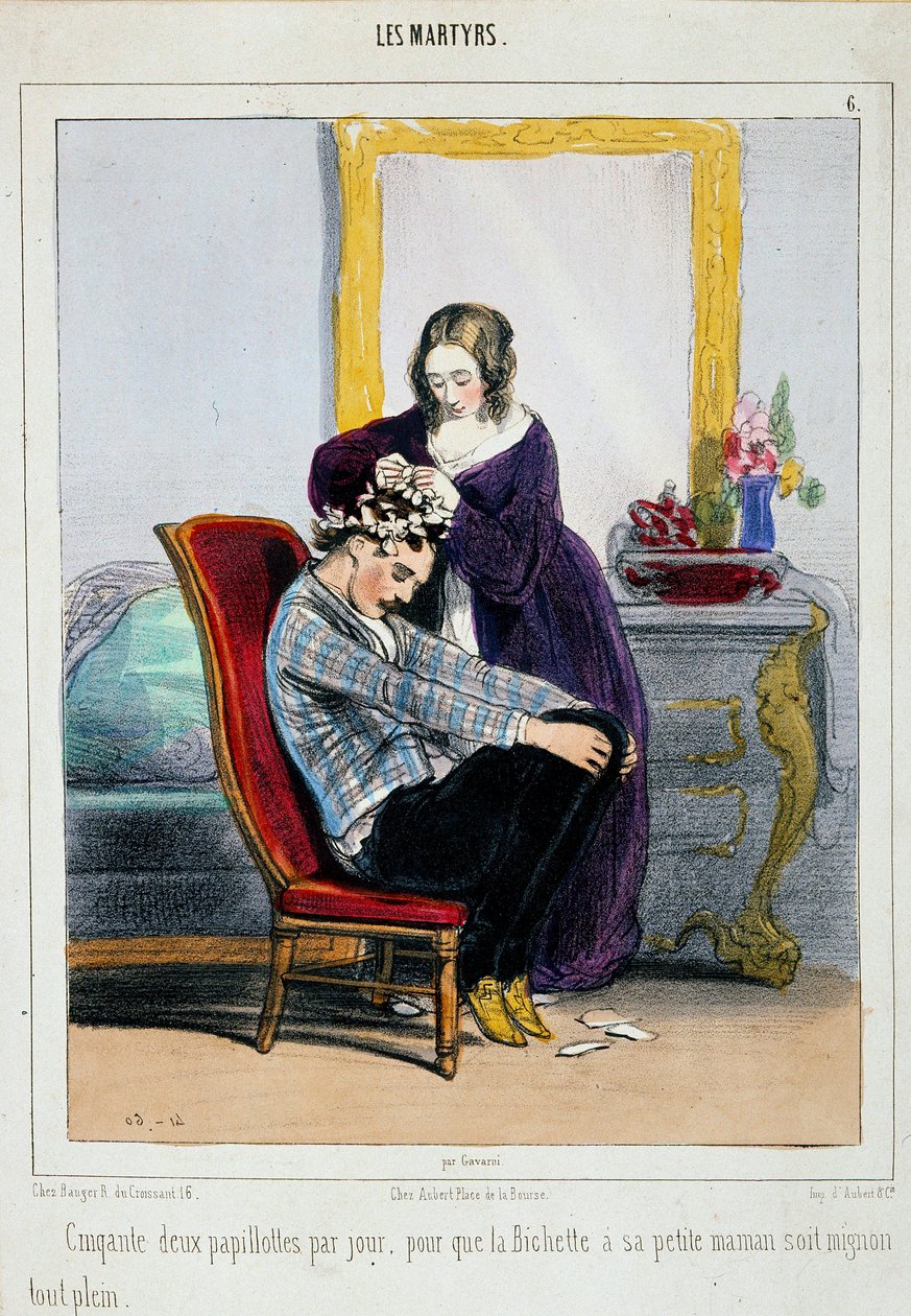 Matka nakłada lokówki na swojego syna. Rysunek Paula Gavarniego (1804-1866) XIX-wieczny Paryż, sztuka dekoracyjna autorstwa Paul Gavarni