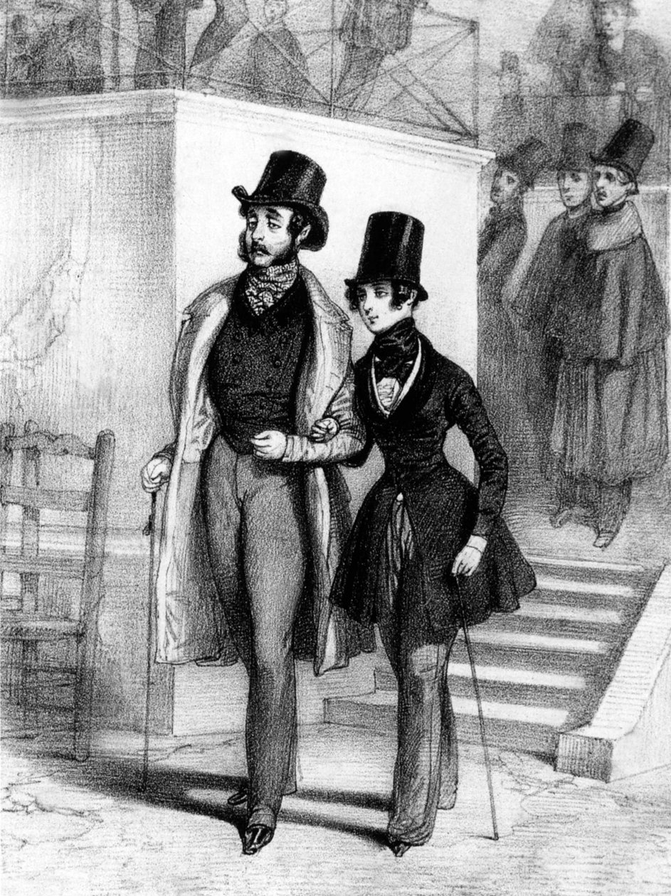 George Sand (z prawej) przebrana za studentkę i jej kochanek Jules Sandeau w Paryżu, ok. 1831, rycina Paula Gavarniego (1804-1866) autorstwa Paul Gavarni