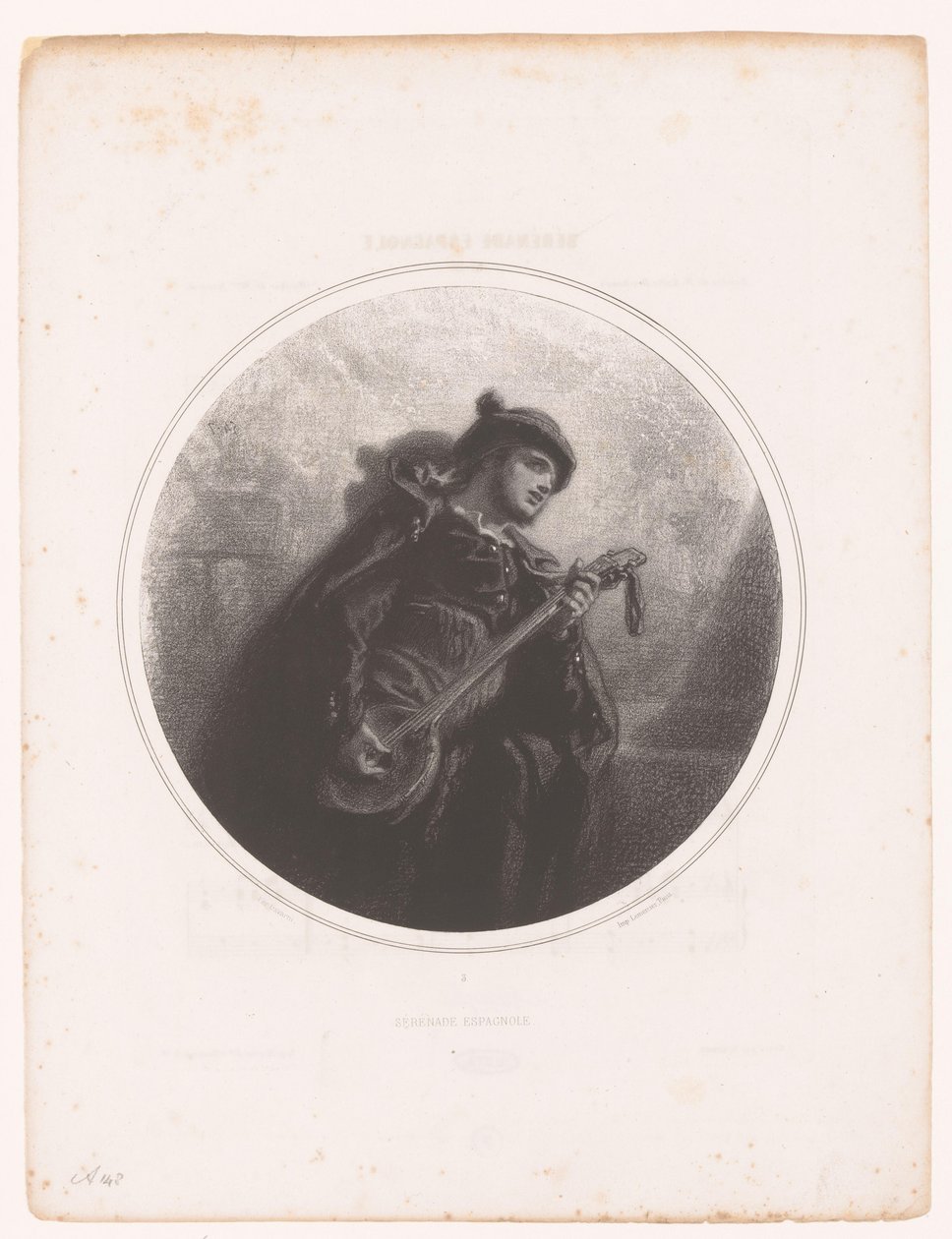 Mężczyzna z banjo śpiewa i gra serenadę Serenade Espagnole (tytuł na obiekcie) Ilustracje do piosenek Jeanne Gavarni (tytuł serii) Illustrations des Melodies de Madame Jeanne Gavarni (tytuł serii) autorstwa Paul Gavarni