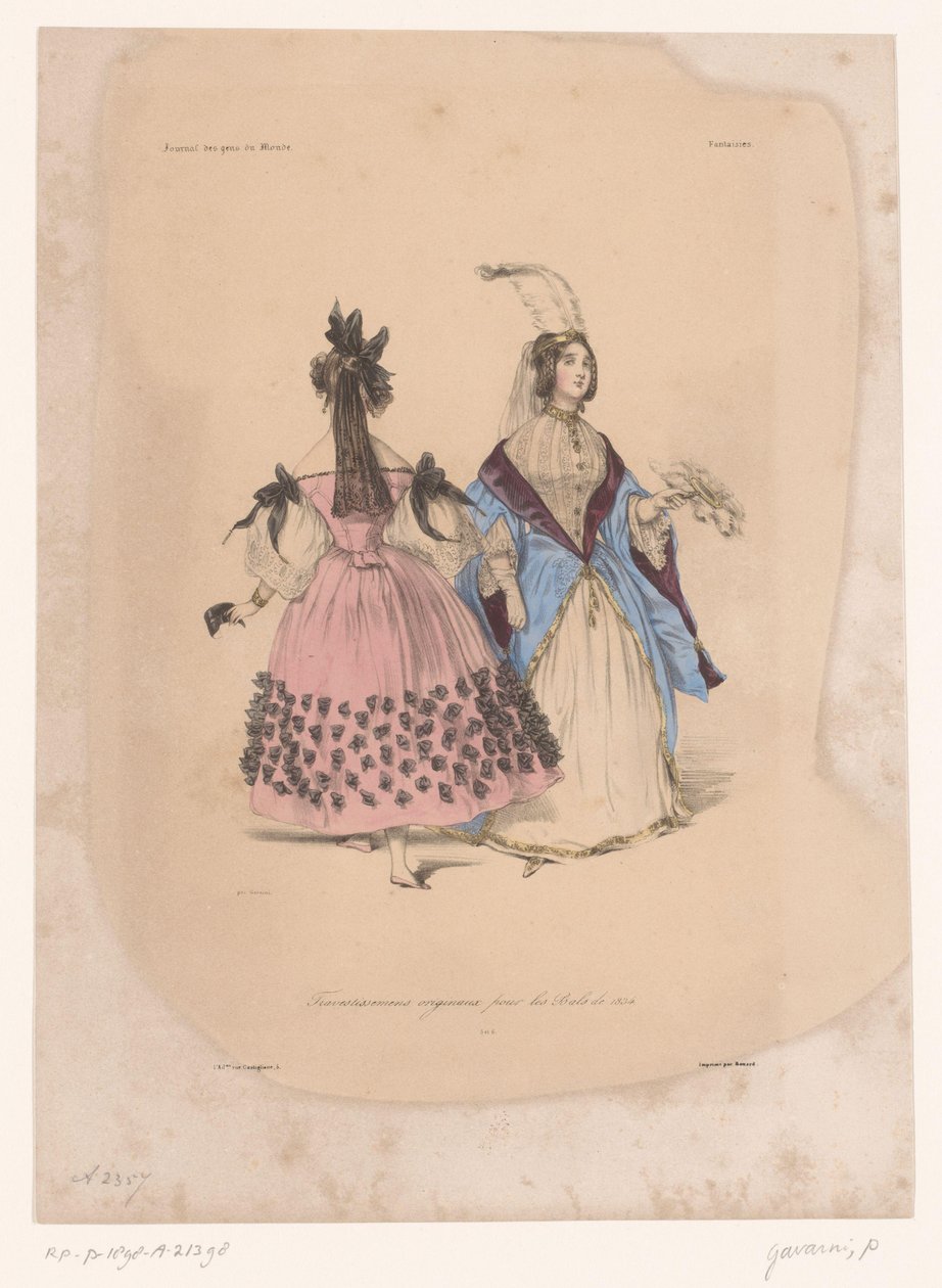 Dwie kobiety w sukniach balowych Transvestissemens originaux pour les Bals de 1834 (tytuł na obiekcie) Pomysłowe ubrania (tytuł serii) Fantazje (tytuł serii na obiekcie) autorstwa Paul Gavarni