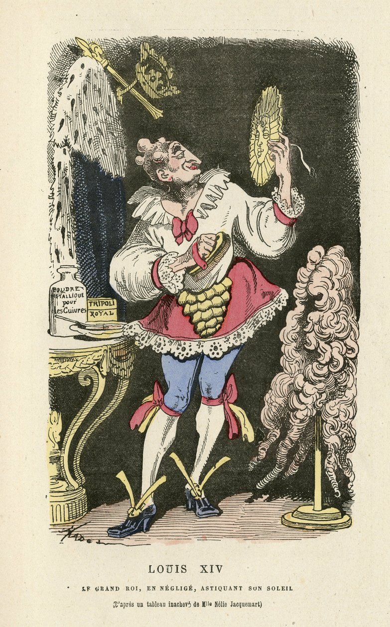 Ilustracja przedstawiająca Hadol (1835-1875) w tintamarresque Histoire de France, ca. 1880 - Makijaż, Stary reżim, Słońce, Peruka - Ludwik XIV autorstwa Paul Hadol