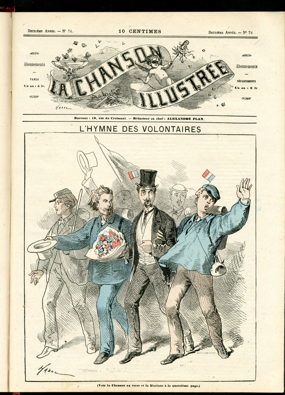 La Chanson illustrée (magazyn), numer 74, Satyryczne w kolorze, ok. 1870: Hymn ochotników - Wojna 1870-1871, Patriotyzm - Ilustracja Hadol (1835-1875) autorstwa Paul Hadol