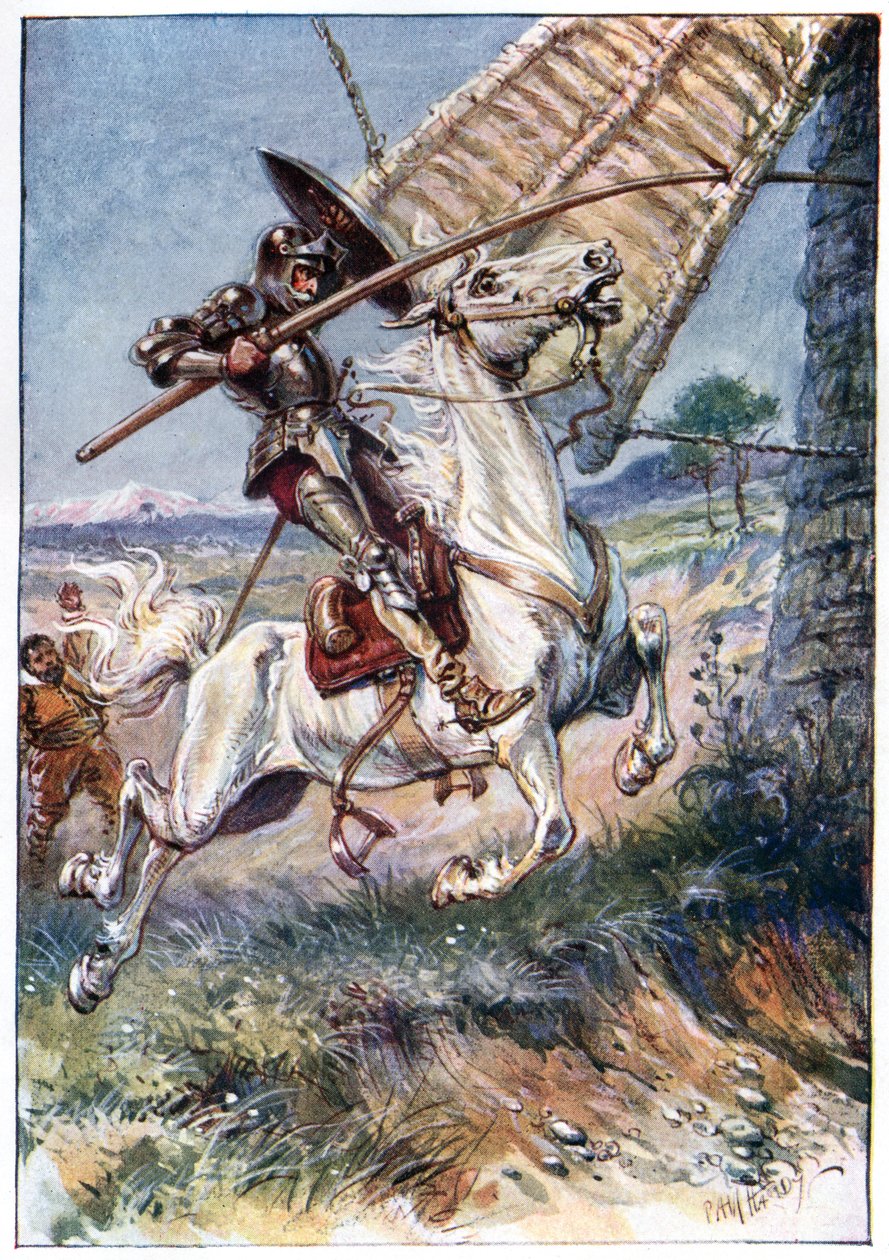 I wbijając lancę w żagiel, ilustracja z „Przygód Don Kichota”, wydanej przez G. Bell und Sons, Ltd., 1911 autorstwa Paul Hardy
