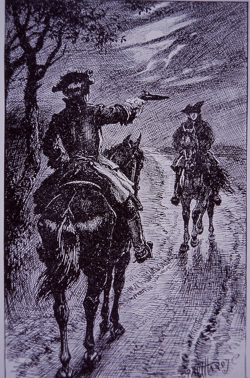 Dick Turpin spotykający się z kolegą rozbójnikiem Tomem Kingiem (grafika) autorstwa Paul Hardy