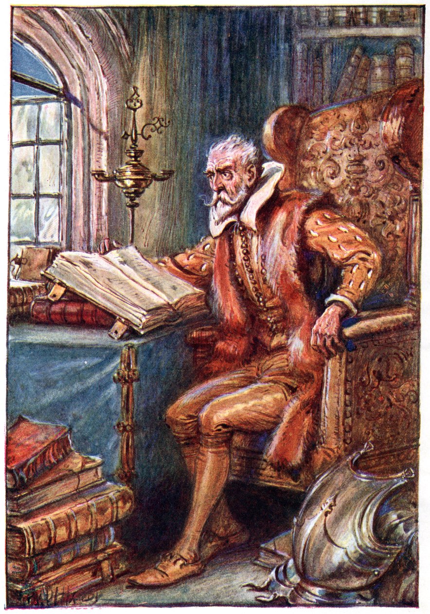 Czas upływał mu na czytaniu książek o rycerzach-rycerzach, ilustracja z "Przygód Don Kichota", opublikowanych przez G. Bell und Sons, Ltd., 1911 autorstwa Paul Hardy