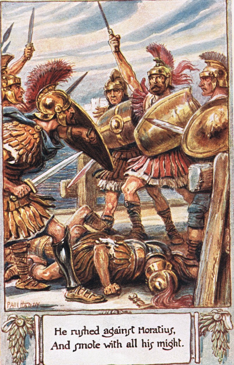 Rzucił się przeciwko Horatiusowi i uderzył go z całej siły, ilustracja z „The Lays of Ancient Rome” Thomasa Babingtona Macaulaya autorstwa Paul Hardy