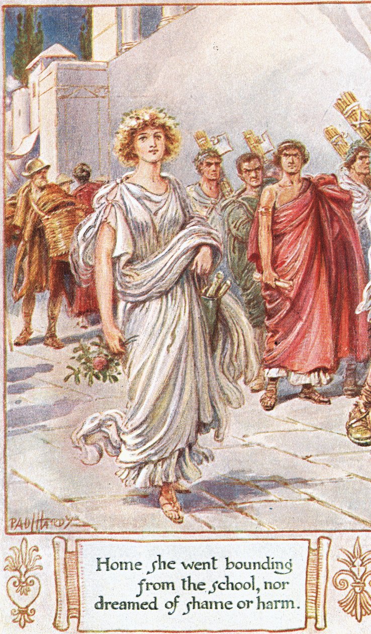 Dom poszła, wiążąc się z szkoły, ani nie marzył o wstydzie lub szkody, ilustracja z "Lays of Ancient Rome", przez Thomasa Babington Macaulay autorstwa Paul Hardy