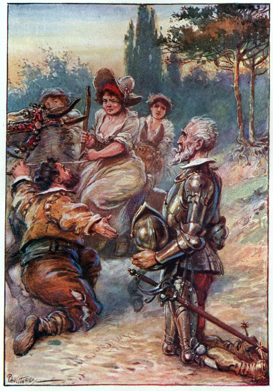 Królowa i księżniczka i księżna piękna, ilustracja z "Przygód Don Kichota", opublikowanych przez G. Bell und Sons, Ltd., 1911 autorstwa Paul Hardy