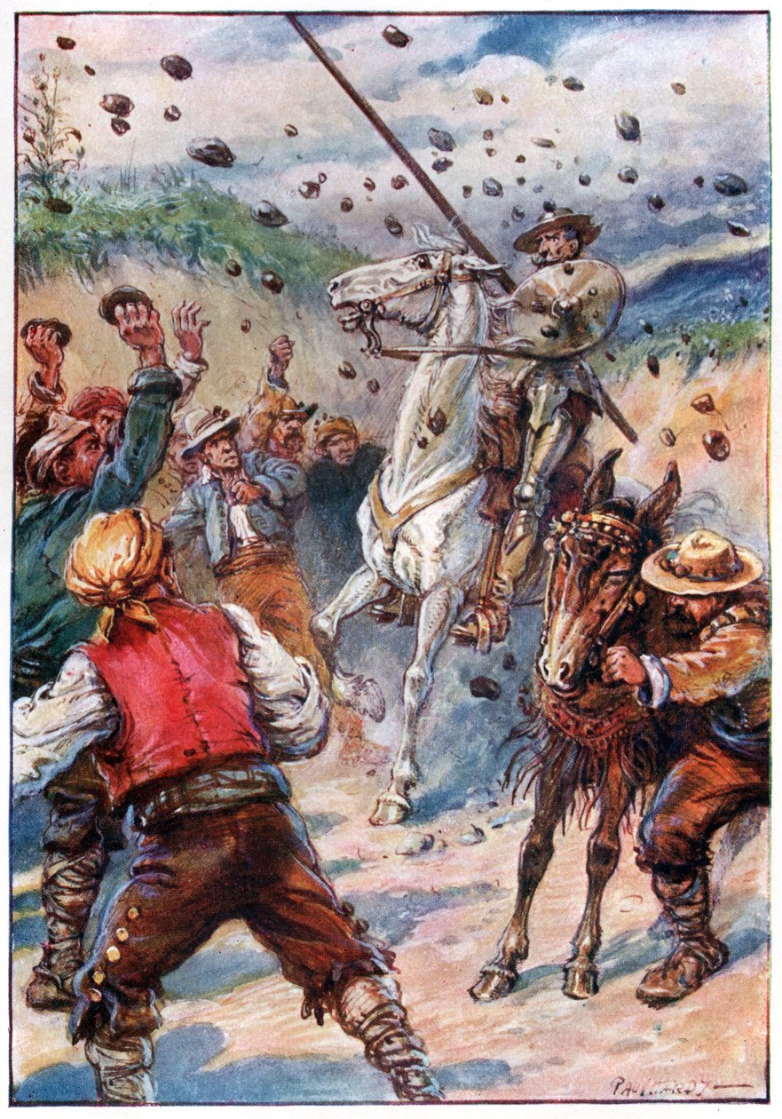 Obrzucili Don Kichota deszczem kamieni, ilustracja z „Przygód Don Kichota”, wydanej przez G. Bell & Sons, Ltd. autorstwa Paul Hardy